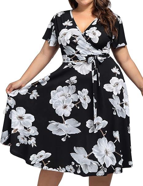 kissmay Plus Size Womens V Neck Floral Cocktail Party Midi Dresses with Pocket
