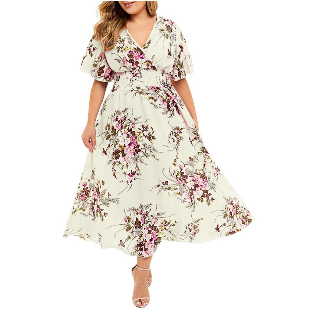 Hontri Plus Size Dresses for Curvy Women Sleeve Women Dress V Neck Printed Floral Plus Short Fashion Size Casual Plus Size Dress Yellow 4Xl