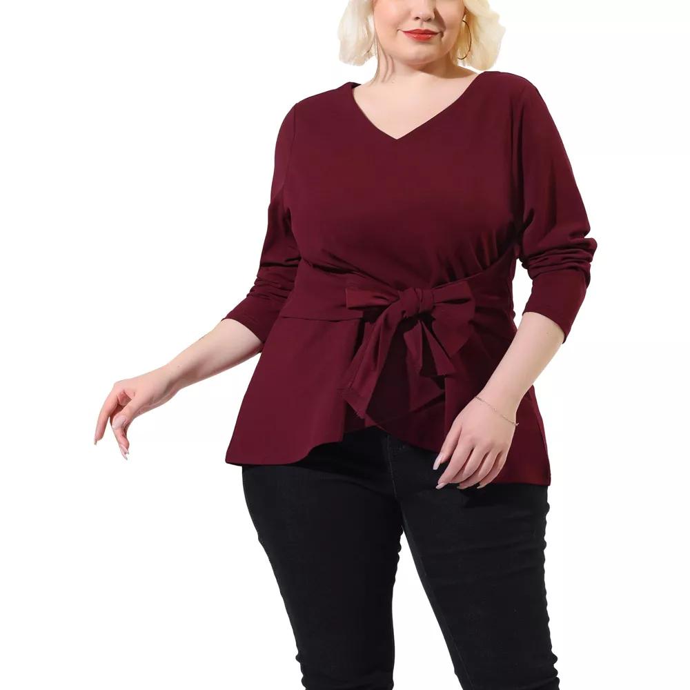 Agnes Orinda Women's Plus Size Work Long Sleeves Fashion Belted Knot Tie Knit Blouses