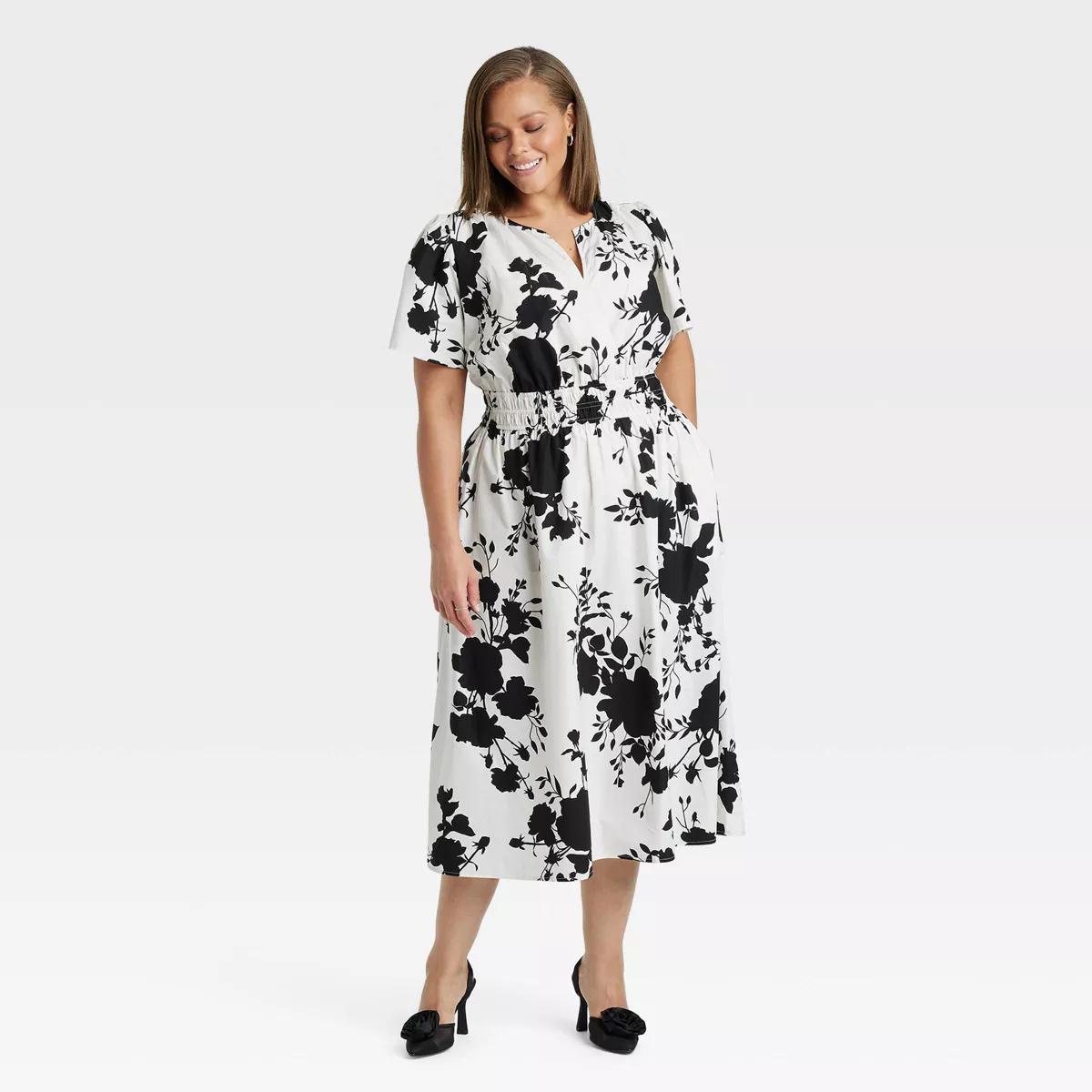 Women's Flutter Short Sleeve Poplin Midi A-Line Dress - A New Day™