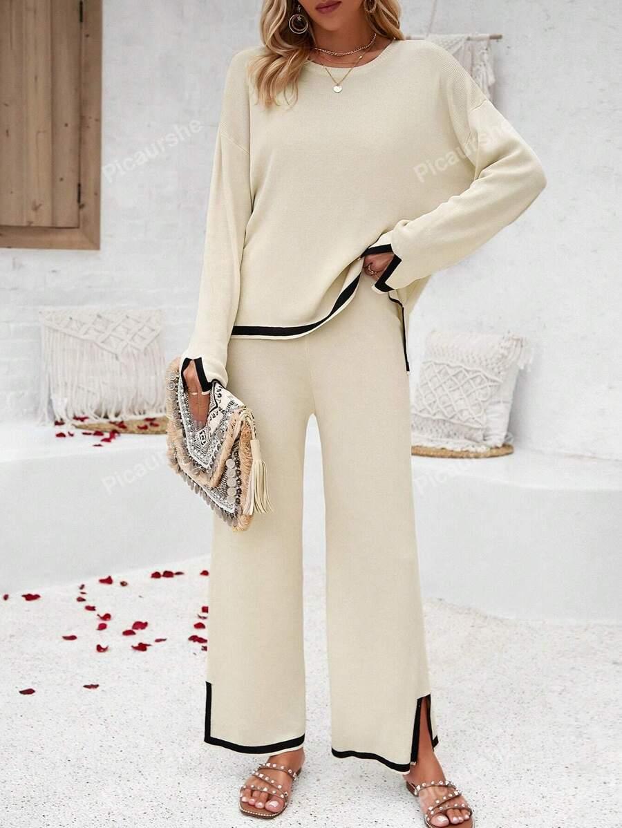 Contrast Trim Casual Knit Top And Trousers Set