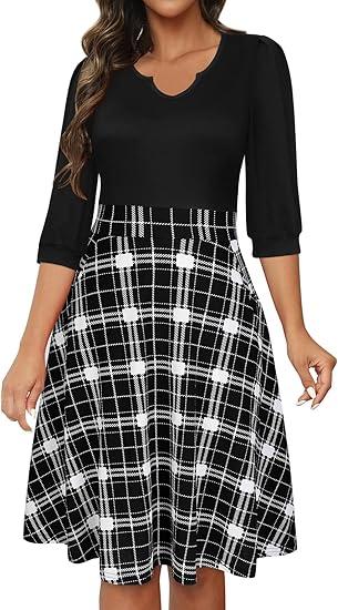 Sureple Women's Fall Spring Dresses Casual 3/4 Sleeve Round V Neck Pleated Swing Business Cocktail Dress with Pockets