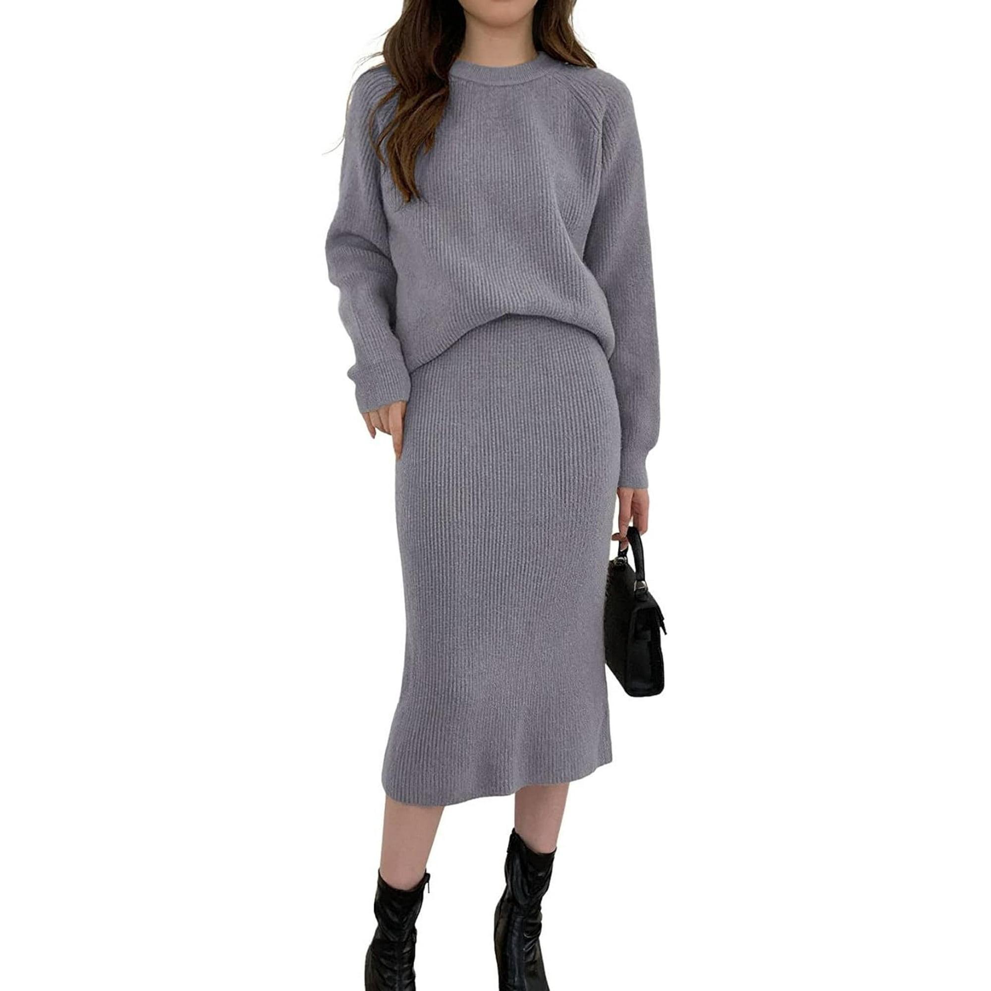 JLMMEN Women's Two Piece Sweater Skirt Sets Knit Sweater Top Bodycon Skirt 2 Piece Outfits