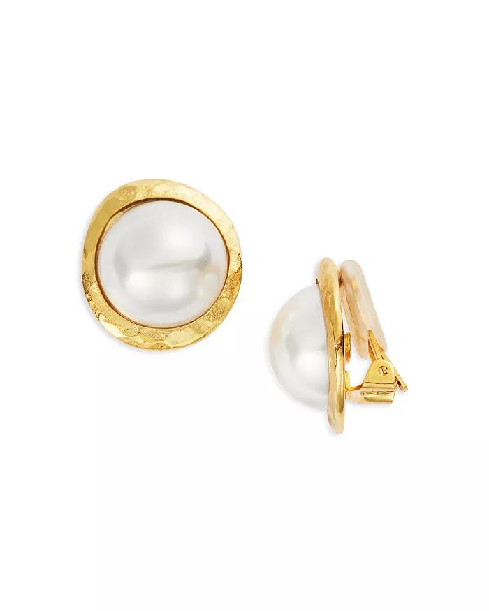 Imitation Pearl Clip On Button Earrings in Gold Tone