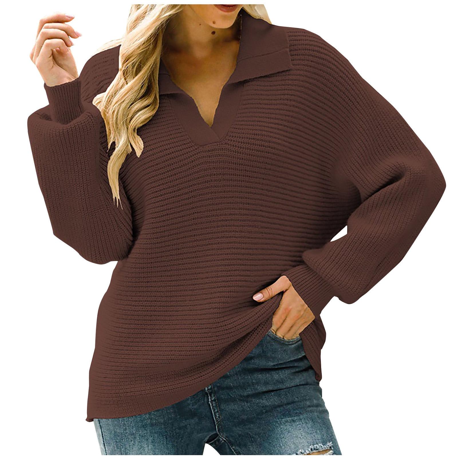 SSAAVKUY Deals Womens Plus Size Lapel Sweater Elegant Solid Fall Tops Turndown Collar V Neck Blouse Dressy Casual Mid-Weight Pullover Winter Warm Lantern Sleeve Long Sleeve Pullover Brown 10